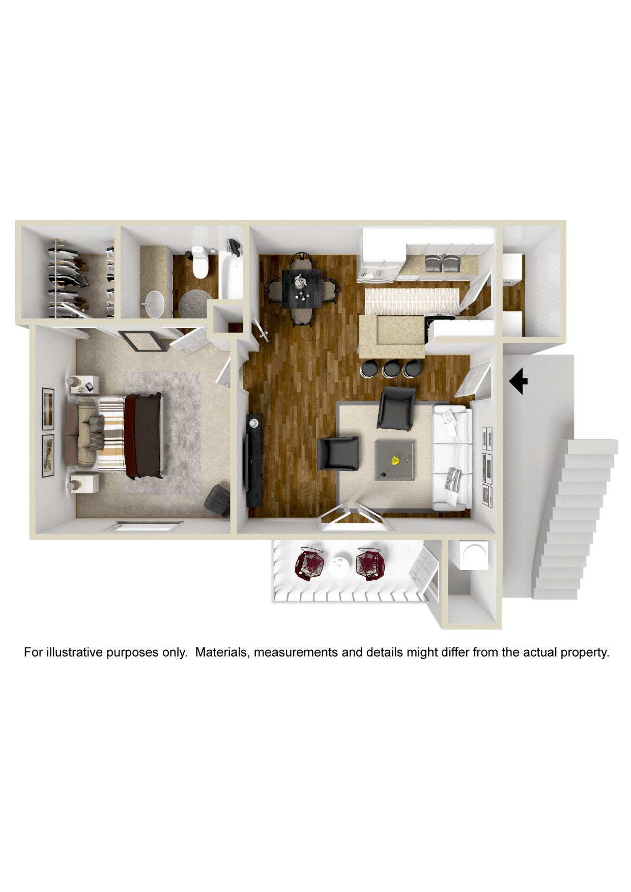 Floor plan for 1 bed, 1 bath, 745 sqft